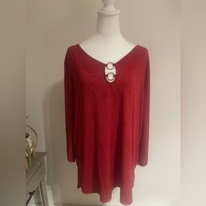 Amana Red and Gold Rhinestone Paisley Pattern Tunic Flowy Elegant Blouse Size 2X